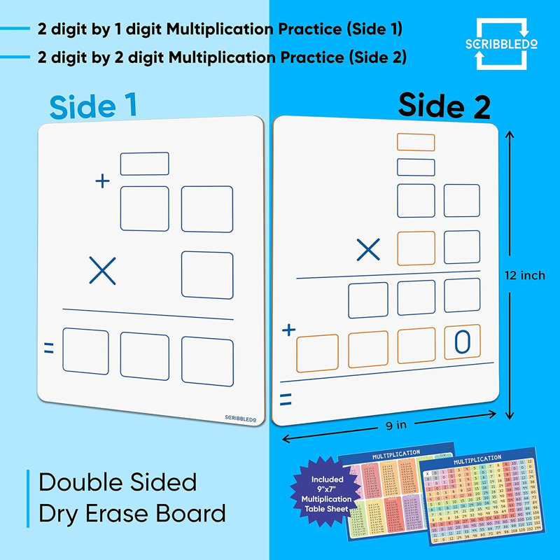 Tableau blanc à double face 9 po x 12 po Scribbledo Dry Erase Multiplication