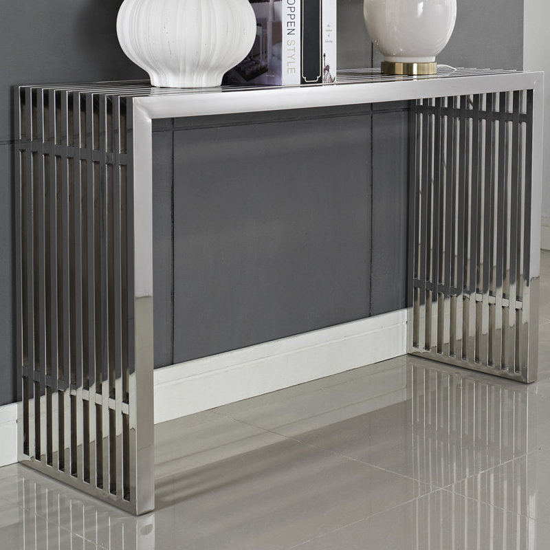 Modern Gridiron 46.5" Stainless Steel and Wood Console Table