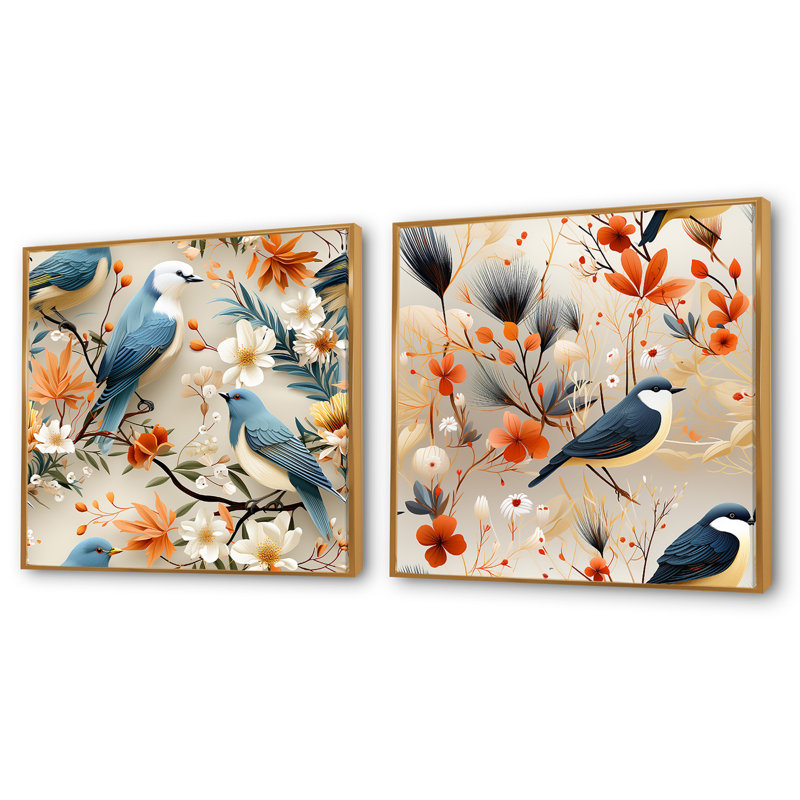 Collage Maelyss Birds On Branch, Cadre flottant doré, H 36 po x l 73 po