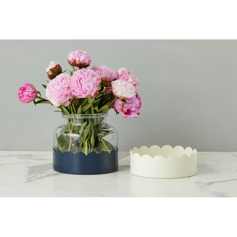 2-in-1 Scalloped Bloom Vase, White/Navy Blue