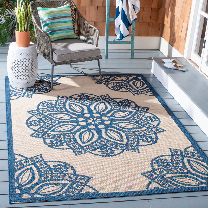 Arneshia Beige/Navy Indoor/Outdoor Area Rug, Rectangle 4' x 5'7"
