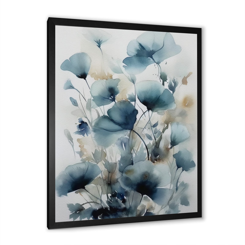 «Blue Leaf Foliage And Flowers I», reproduction sur toile, Cadre simple noir, H 44 po x l 34 po x P 1,5 po