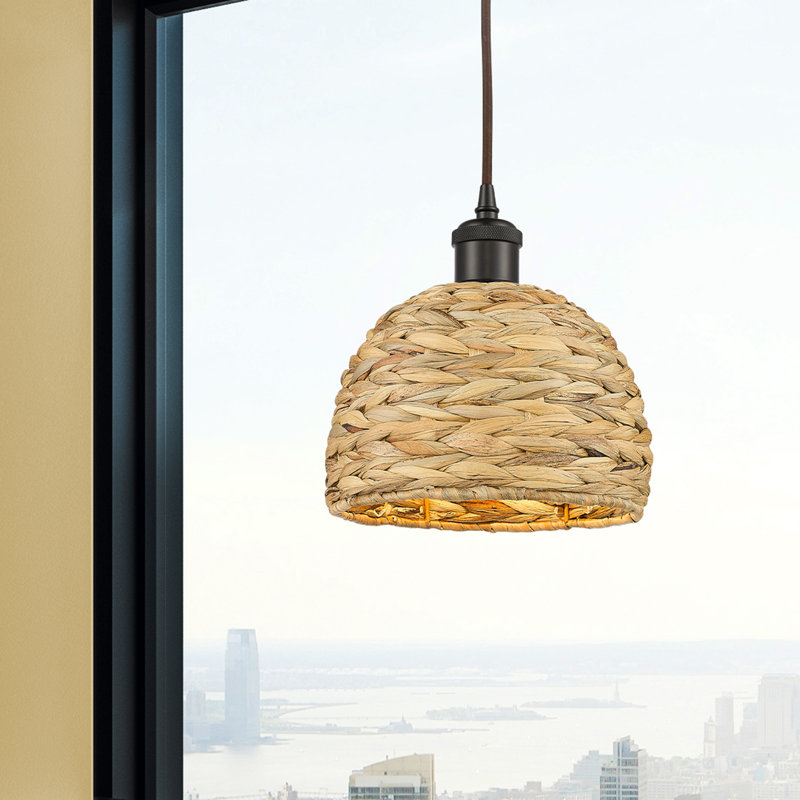 Luminaire suspendu en corde de rotin tissé 1 lumière Malaga, H 128,75 po x l 8 po x P 8 po, Nickel satiné