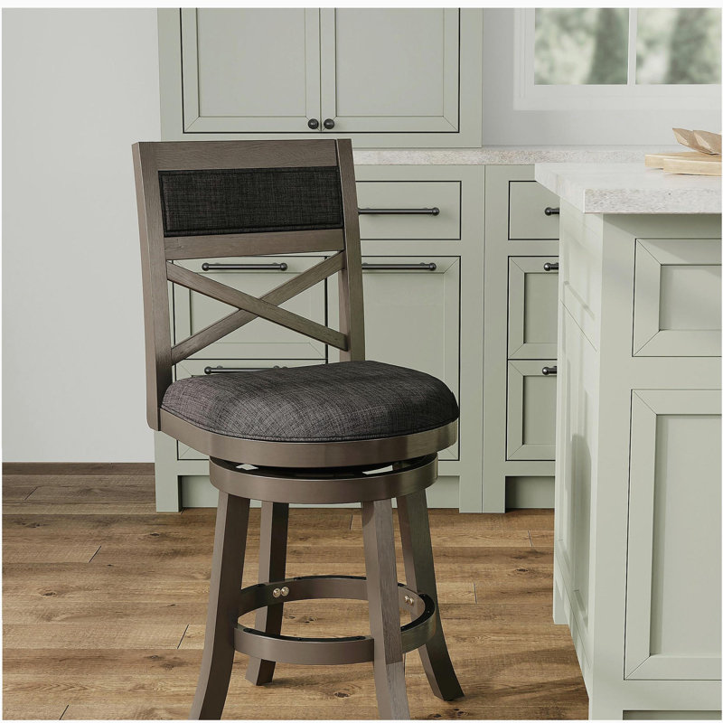 Tabouret pivotant à dossier en X de 24 po de hauteur comptoir, finition gris patiné, siège en tissu gris anthracite