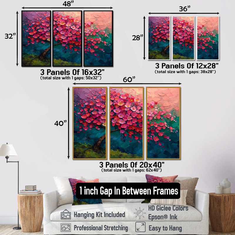 «Rose Cherry», art mural cerisier rose et bleu, Toile avec cadre flottant noir, H 32 po x l 48 po x P 1 po