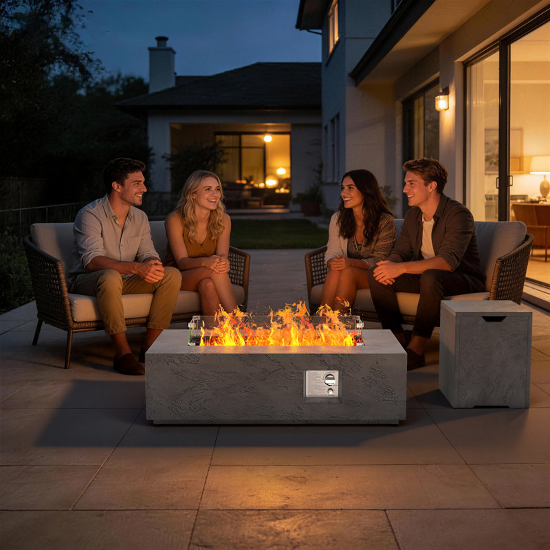 42" Woodgrain Propane Gas Fire Pit Table 50,000 Btu With Lid, Waterproof Cover And Tank Storage Table, Dark Gray