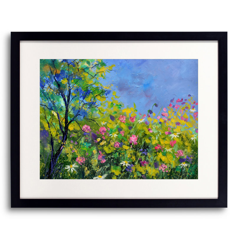 Fleurs roses par Pol Ledent - Peinture, H 25,25 po x l 31,25 po, Papier avec cadre noir
