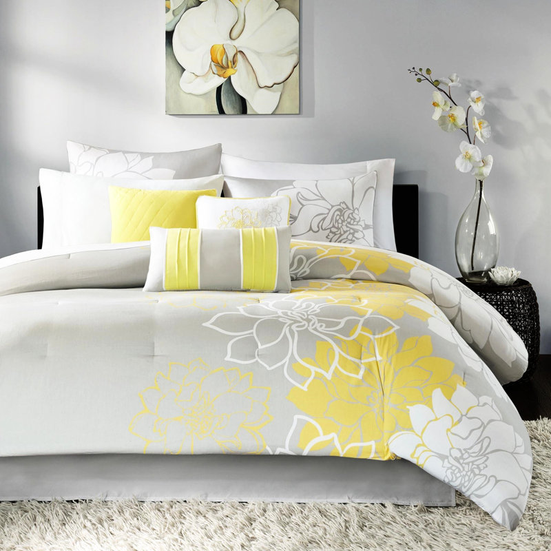Édredon très grand en coton imprimé - gris taupe / jaune, jupe de lit, bourre de literie, 2 taies décoratives, 3 coussins