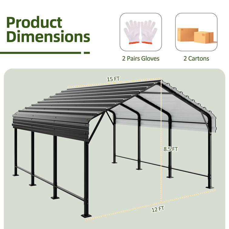 12X15 FT Heavy Duty Carport with Galvanized Steel Roof