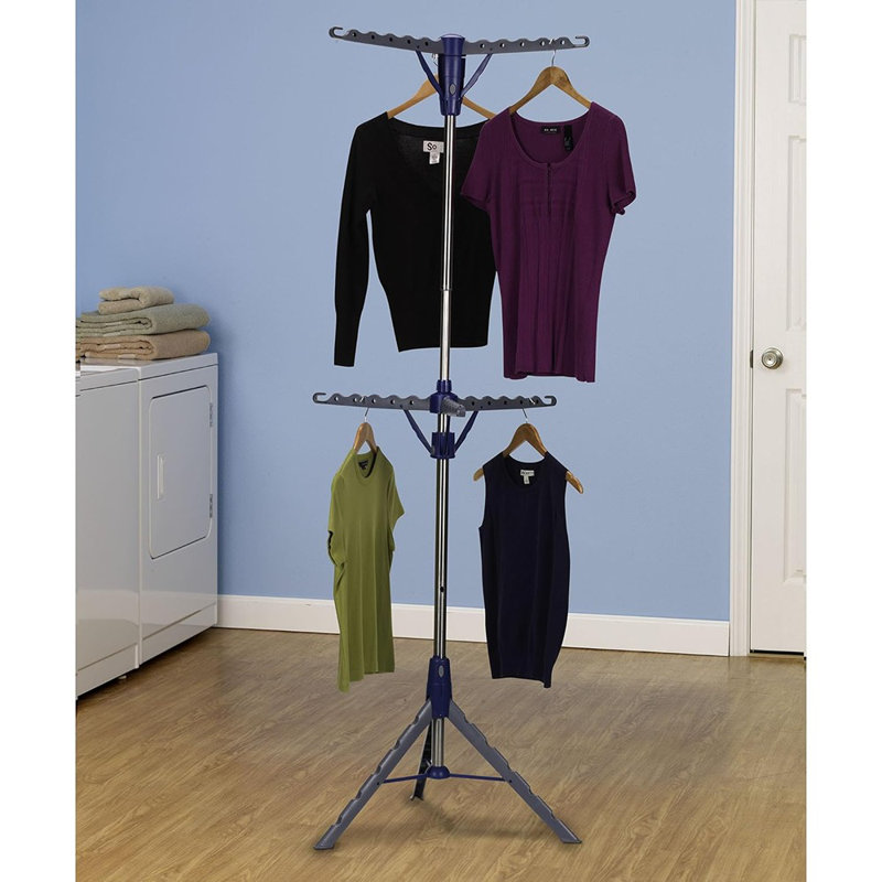 2-Tier Portable Foldable Clothes Drying Rack, Silver And Blue, Tripod Design, Multi-Purpose Laundry Airer For Home Or Outdoor Use