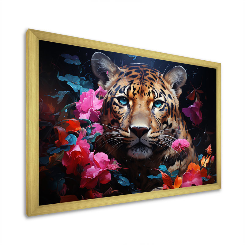 Jaguar romantique, énigme sur toile, Encadrement doré, H 16 po x l 32 po x P 1 po