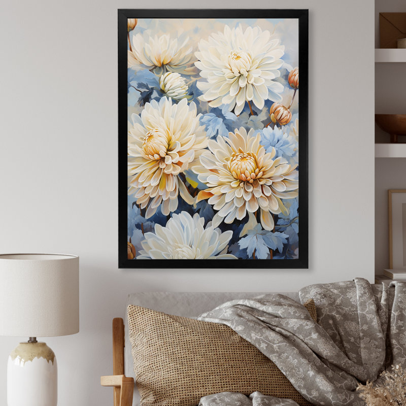 Minimalisme «Blooming Mums» en bleu et or I sur toile, Cadre simple noir, H 20 po x l 12 po x P 1 po