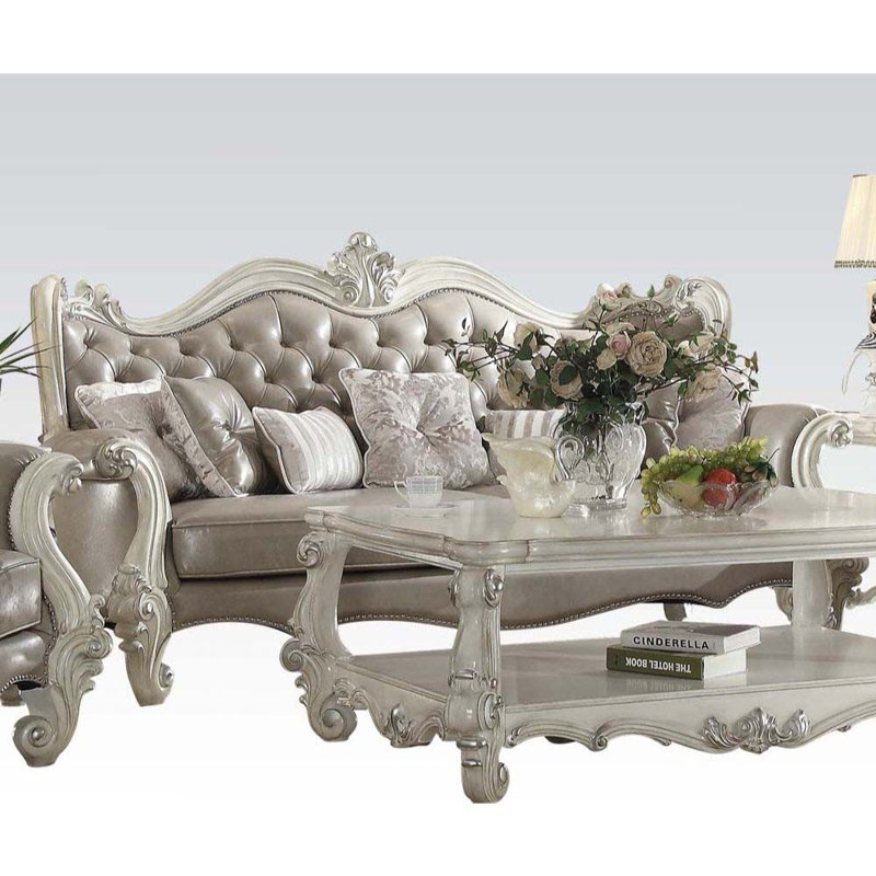 Ensemble de salon en similicuir 3 pièces Versailles, Blanc os, Similicuir gris rétro