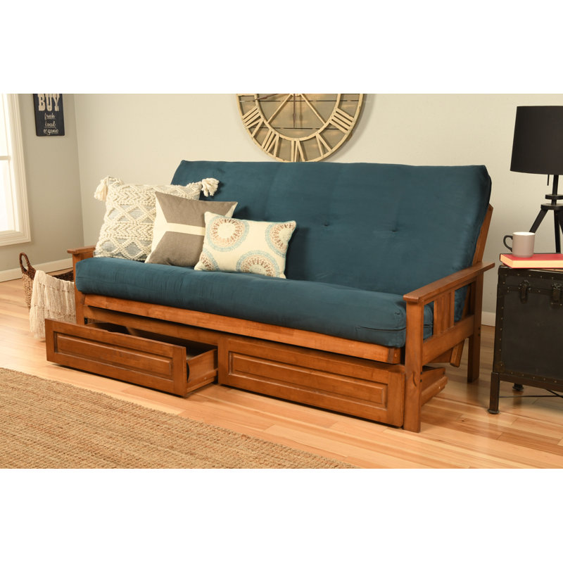 La base de futon pleine grandeur Stratford comprend des tiroirs de rangement et un matelas, Premium Pocket Coil, Bleu suède