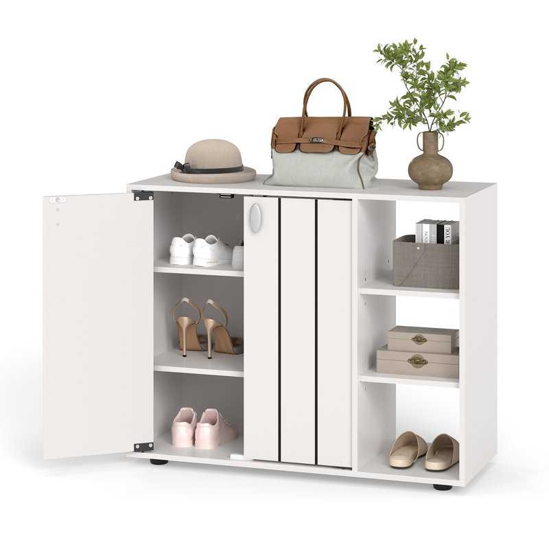 3-Tier Wooden Shoe Storage Organizer with Doors & 3-Level Adjustable Open Shelves, White