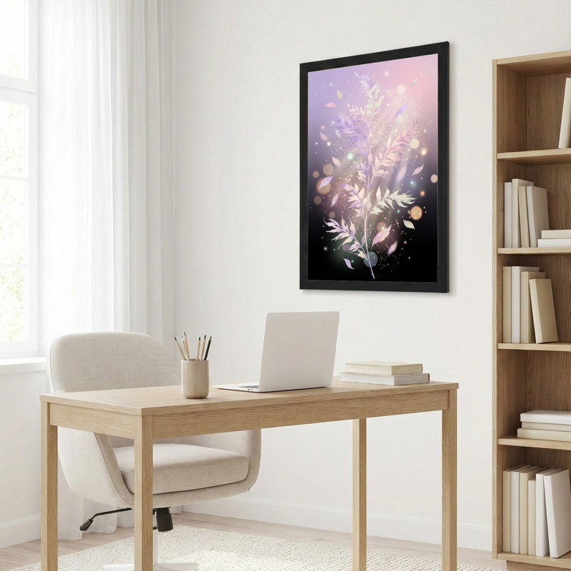 Toile noire encadrée en bois noir pour le salon, la chambre à coucher, le bureau ou le vestibule - décoration murale décorative avec lueur florale