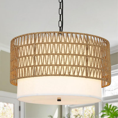 Lustres de style campagnard pour la salle à manger, lustre en rotin 5 lumières Boho avec abat-jour en tissu, grand luminaire en rotin tissé à la main pour la cuisine
