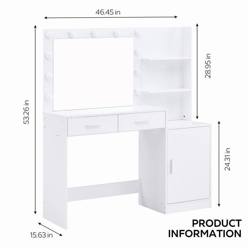Vanity Desk With Mirror And Lights, 46.4In White Dressing Table For Bedroom 2 Big Drawers & Large Vertical Organizer, 3 Level Dresser, Lighting Modes Adjustable Brightness