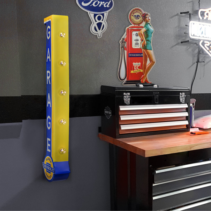 Vintage Chevy LED Marquee Double Sided Metal Wall Sign - Retro Art w/LED Light Bulbs - Battery Operated Wall Decor for Bar, Man Cave, Garage - Chevrolet, 39.5” x 7.75” x 4”