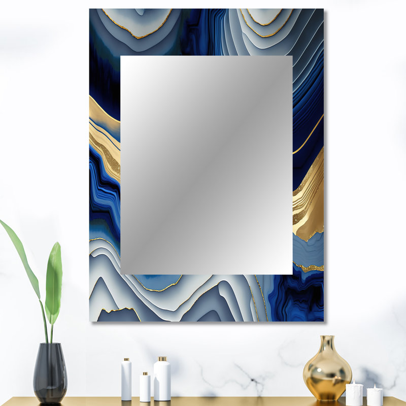 Vibrant bleu et or Flow Art I - miroir mural transitionnel, miroir décoratif moderne, impression d'art en métal