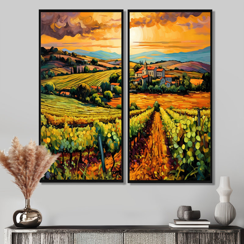 «Vangogh Sunlit Vineyard I», art mural jaune, 40" H x 40" W, Floater Framed Print without Mat, Black