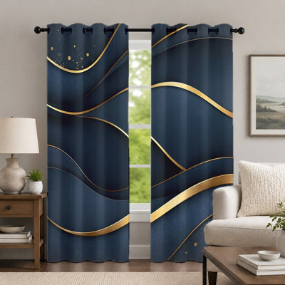 2Pcs Navy Blue and Gold Wavy Line Curtains, Geometric Pattern Drapes, Minimalist Modern Style Window Treatment for Bedroom Living Room Home Decor