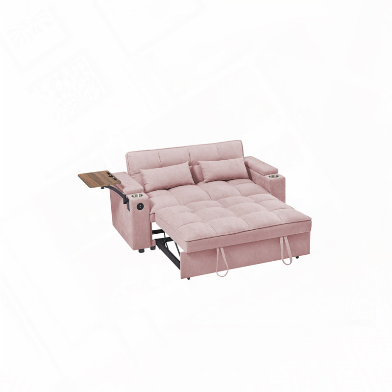 Canapé-lit chenille en tissu avec accoudoirs de rangement, port USB et table d'appoint, Rose