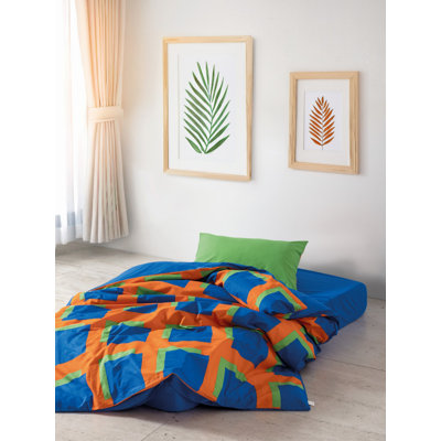 Ensemble de housse de courtepointe 100% coton Ranforce, bleu / vert / orange | Housse de couette 63 x 87 avec fermeture à boutons, drap-housse 39 x 79 + 11,8 de profondeur, taie d'oreiller 19,7 x 27,6 | Doux, durable, lavable à la machine à 140 ° F