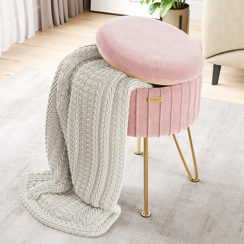 Round Pleated Velvet Ottoman with Storage, Pink, Gold