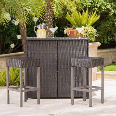 Ensemble d'îlot de bar avec tablettes de rangement et 2 tabourets en rotin Toronto