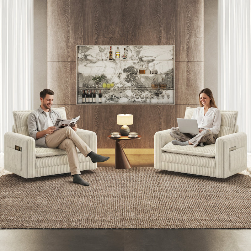 Fauteuil pivotant à 360° avec soutien lombaire, fauteuil pivotant avec assise profonde | Revêtement en velours côtelé doux, base pivotante en métal, beige, idéal pour la lecture et la détente, salon