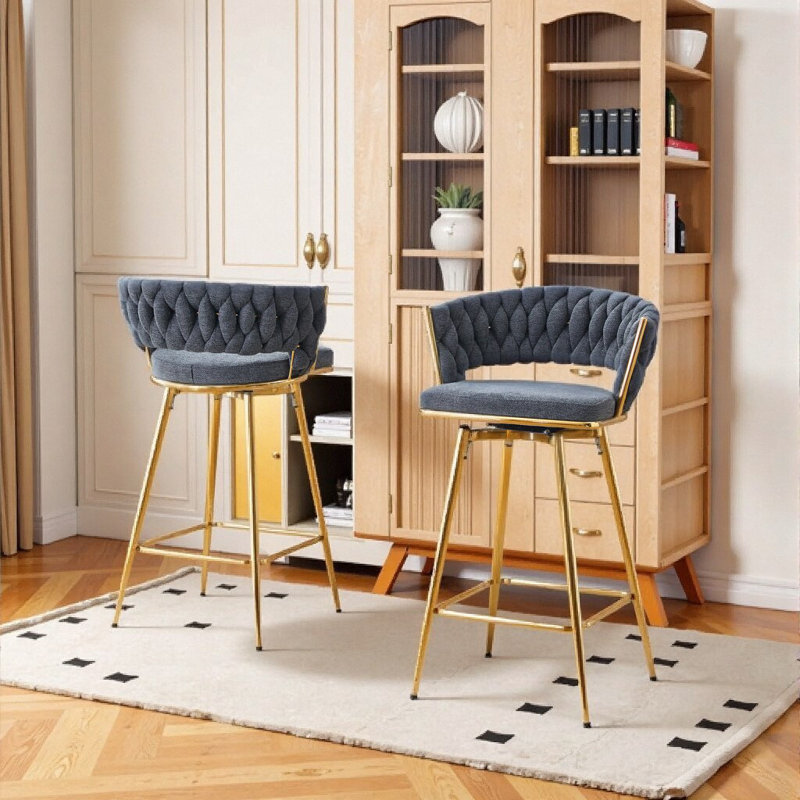 Tabouret de bar pivotant gris foncé moderne avec pieds en métal doré et siège en lin de coton respirant, Doré
