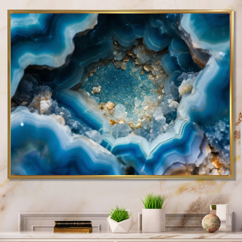 Geode Gems I - Décoration murale géode en pierre, Cadre flottant doré, H 30 po x l 40 po x P 1,5 po