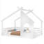 Lit plateforme simple en forme de maison avec fenêtre décorative et petite tablette intégrée, construction solide, finition blanche