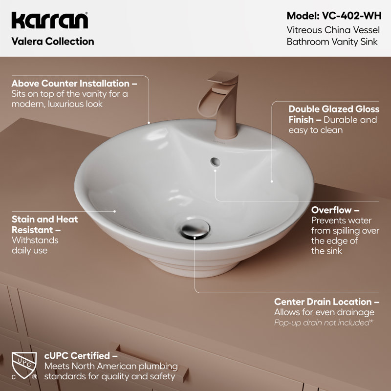 Karran Valera 19 In. Vitreous China Round Vessel Bathroom Sink With Overflow Drain
