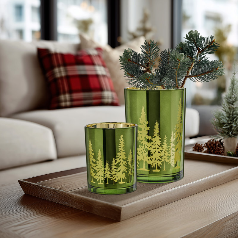 Emerald Woodland Glass Hurricane Candle Holder – 7" Tall For Pillar Candles, 7" H x 4.5" W x 4.5" D