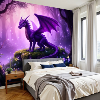Papier peint auto-adhésif Mystical Purple Dragon Forest Glowing Magic Lights