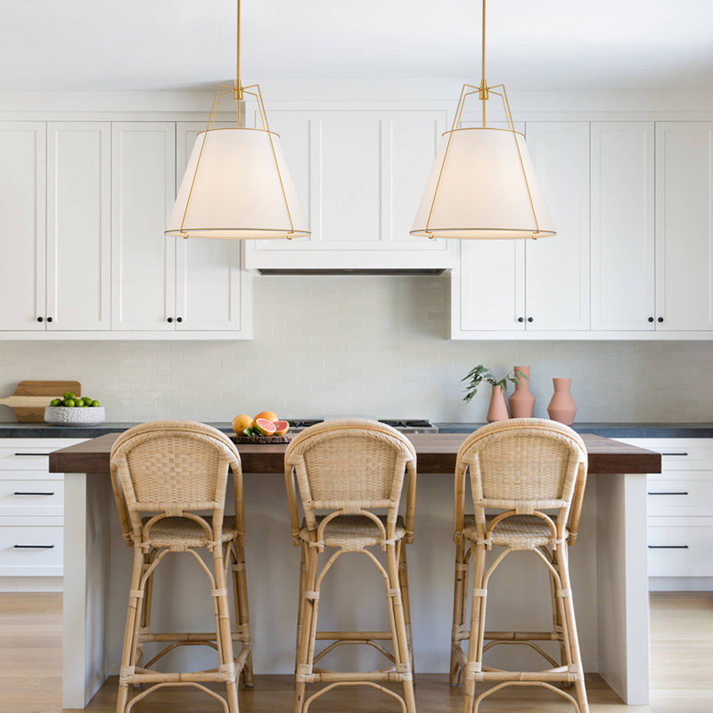 Nyjel 4 - Light Linen Tapered Pendant, Gold, White, 26" H x 23.6" W x 23.6" D