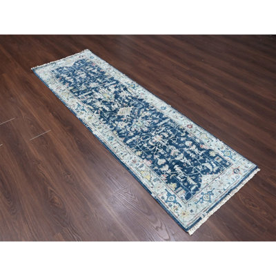 2'7"x8' Yale Blue, Broken and Erased Persian Heriz All Over Design, Soft Color Palette, Hand Knotted, 100% Wool, Denser Weave, Runner, Oriental Rug