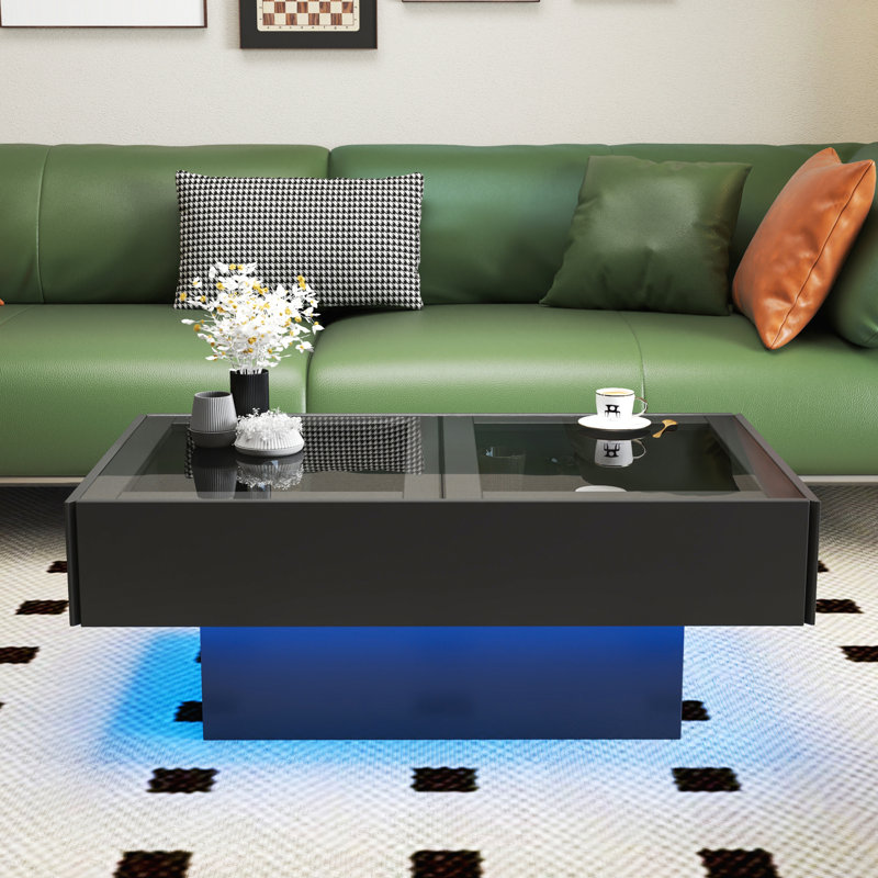 Table basse avec plateau coulissant, table centrale avec compartiment de rangement caché, table extensible pour le salon, table basse