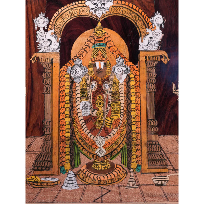 19" Tirupati Balaji Wall Panel – Handcrafted Mysore Rosewood Inlay Art, Spiritual Hindu Décor, Natural Finish, Sacred Accent