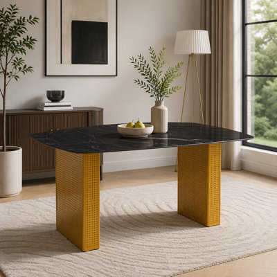 Modern Rectangular Tempered Glass Dining Table with Marble Pattern
