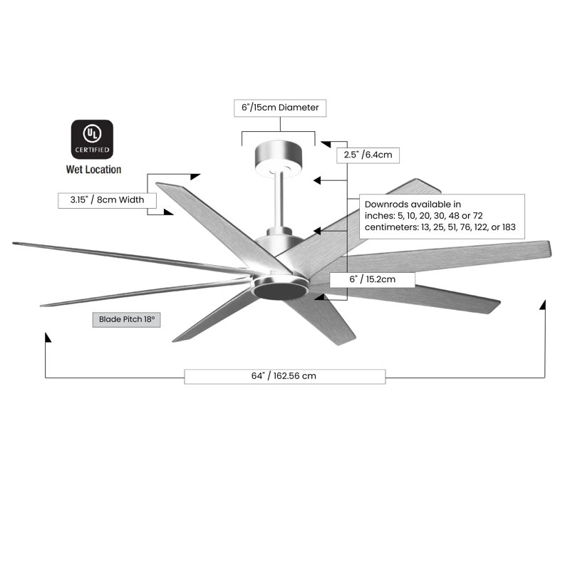 Ariella - Eight Blade Ceiling Fan - Brushed Brass Finish - Matte Black Blades, Matte Black, Walnut Tone
