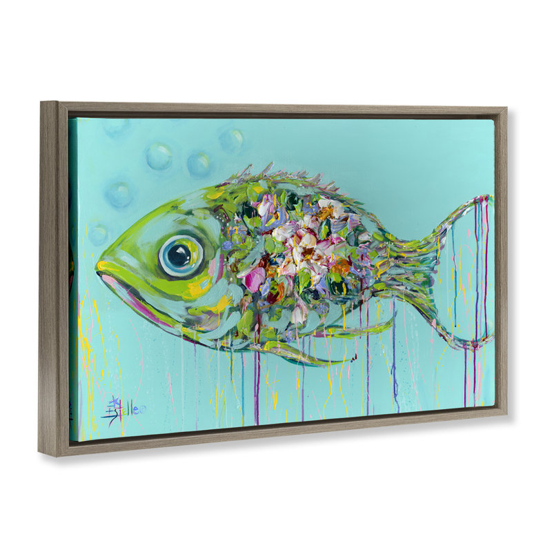  «Painterly Drip Fish» par Estelle Grengs, H 21 po x l 31 po, Cadre flottant orme Montalcino