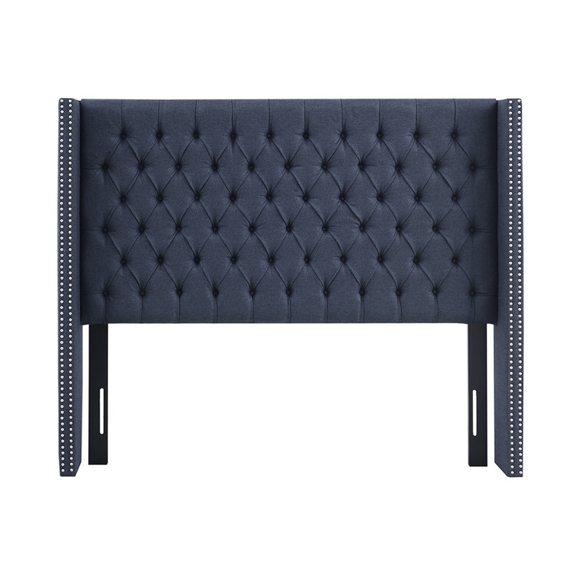 Tête de lit tapissier glamour pour grand lit, bouton avec garniture cloutée double, bleu marine, tête de lit grand avec pieds en métal noir réglables, décor, hauteur,