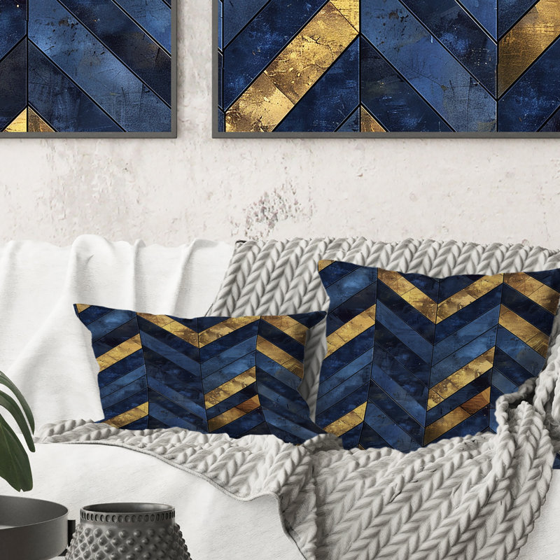 Gold Blue Herringbone Pattern Glam II - Modern Throw Pillow, 18"H x 18"W