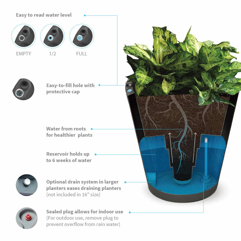 Dot Self Watering Plastic Pot Planter, Caviar Black, 16" H x 16" W x 16" D