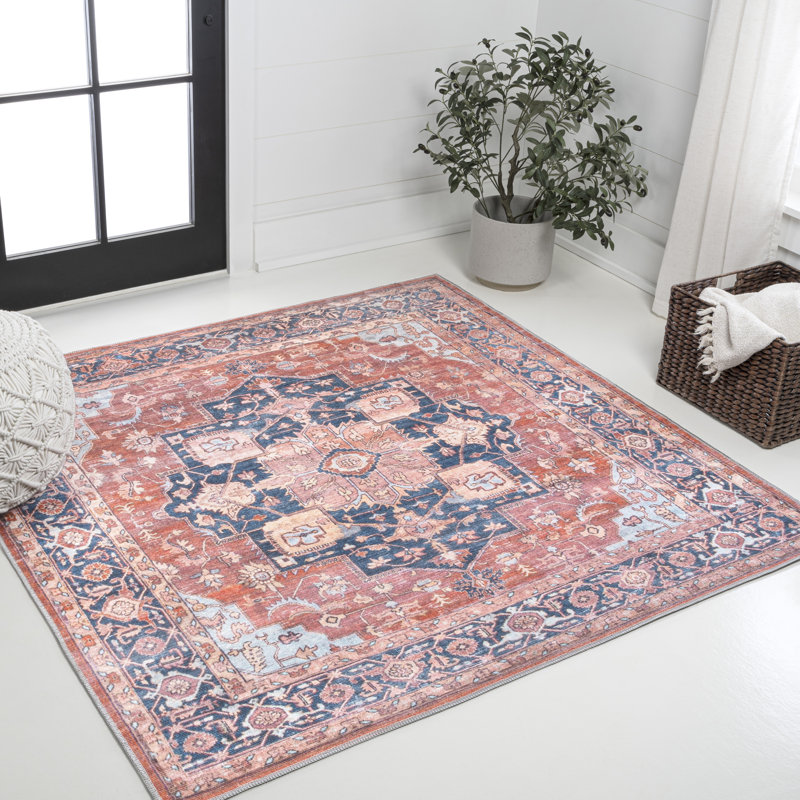 Tapis terre cuite / bleu marine lavable à la machine Ville Medallion Ville, Carré 6 pi