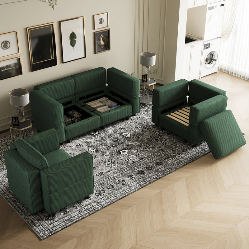 Ensemble de salon modulaire rembourré Elda, Velours côtelé vert