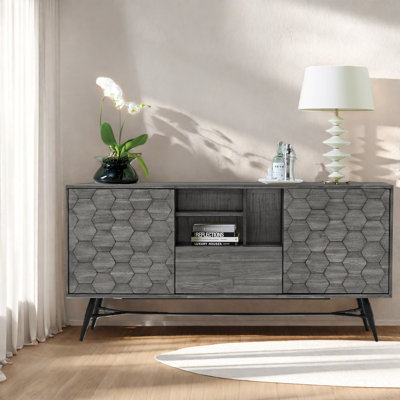 Buffet moderne en bois d'acacia gris moderne, rangement élégant multifonctionnel pour la salle à manger